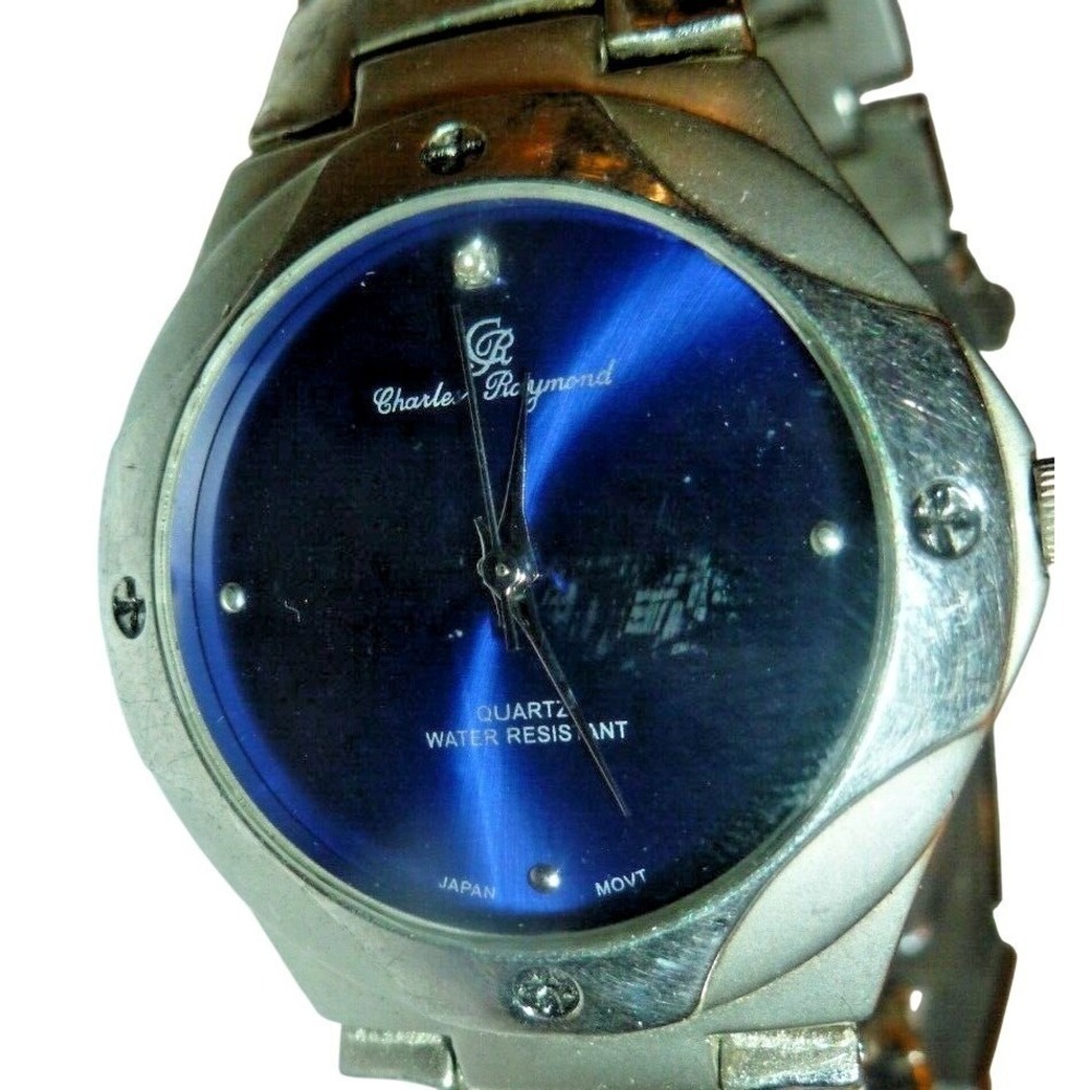 Charles Raymond V0467 Mens Watch Blue Sunray Dial Silver Tone Japan Movt Quartz